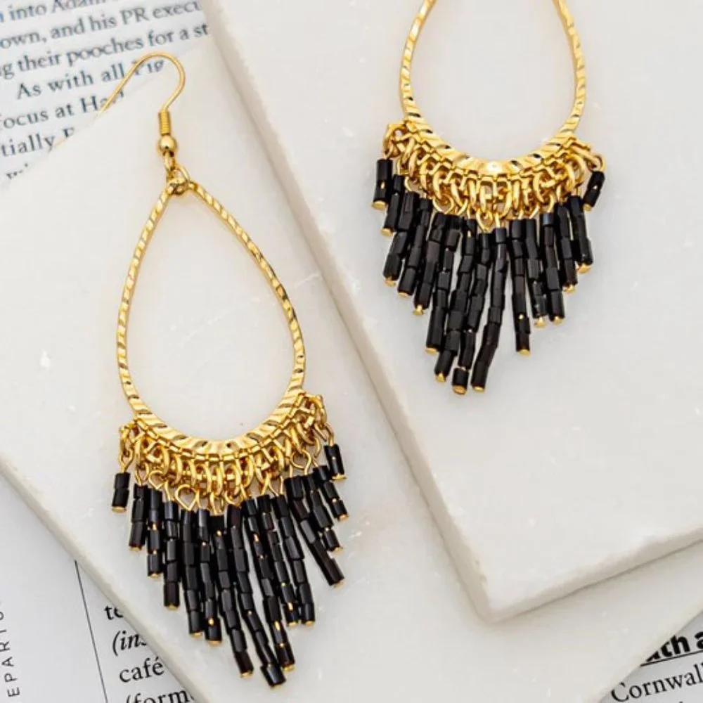 NEW Tear Drop Hoop Beaded Tassel Fringe Drop Statement Earrings Black Ivory Pink